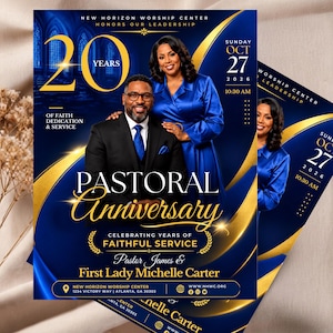 Vorlage für einen Flyer zum 20. Jahrestag der Pastorenfeier (Marineblau, Königsblau, Gold, bearbeitbar, Canva), Einladung für Pastor und First Lady, Sofort-Download
