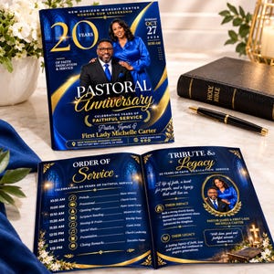 Programmpaket zum Pastoraljubiläum (bearbeitbare Canva-Vorlage), Broschüre zum 20-jährigen Gemeindejubiläum (dreifach gefaltet, königsblau-goldene Vorlage zum Ausdrucken)