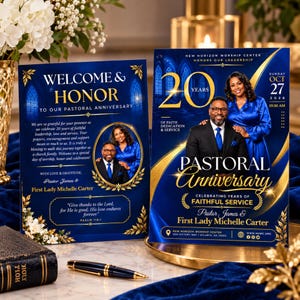 May include: Two rectangular event programs in deep blue and gold featuring a photograph of a couple. The text reads Welcome & Honor to our Pastoral Anniversary and 20 Years of Faith Dedication & Service for Pastor James & First Lady Michelle Carter.