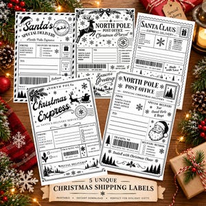 May include: Five rectangular paper shipping labels with black ink designs on a white background. Each label features North Pole themed graphics including Santa Claus, reindeer, snowflakes, and barcodes. Text includes Santa's Special Delivery and North Pole Post Office. The labels are arranged in a group with decorative borders and various postal-style fields for sender and recipient information.