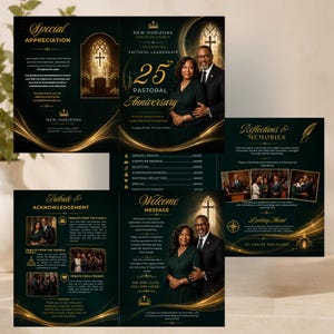 Puede incluir: Un folleto de programa de aniversario pastoral en verde oscuro y dorado con una foto de una pareja, imágenes de iglesia y texto que incluye New Horizons Christian Church, 25th Pastoral Anniversary, Pastor Jonathan y Lady Melanie Anderson.