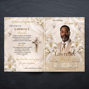 May include: A funeral programme featuring a portrait of Lawrence Brooks, white lilies, and doves on a cream background. The text includes 'In Loving Memory', 'Acknowledgment', birth and death dates, service details, and a message of gratitude.
