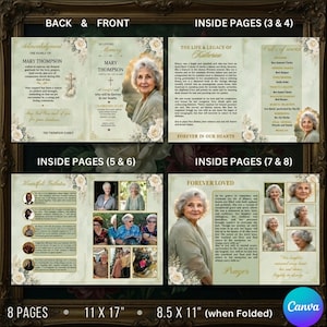 May include: An 8-page funeral program template featuring a soft green floral design. The layout includes sections for an acknowledgment, life and legacy, order of service, and photo collages. Text includes "In Loving Memory of Mary Thompson."