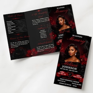 May include: A funeral program template featuring a black background with red floral accents. The design includes text such as In Loving Memory, Melissa Johnson, Order of Service, and A Life Beautifully Lived, alongside a portrait of a woman in a black dress.