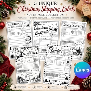 Puede incluir: Cinco etiquetas de envío navideñas únicas de la colección Polo Norte. Estos diseños imprimibles en blanco y negro presentan gráficos festivos como Santa Claus, renos, copos de nieve y pinos, con campos para el remitente, destinatario y seguimiento.