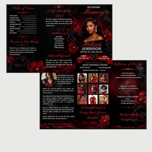 May include: A tri-fold funeral programme template featuring a black and deep red colour scheme with floral accents. The design includes a portrait of Melissa Johnson, text sections for service details, an obituary, and a photo collage grid.