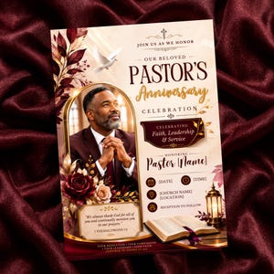 Pastor Anniversary Invitation Template, Any Year Burgundy Gold Editable Canva, Faith Leadership Celebration, Instant Download 5x7