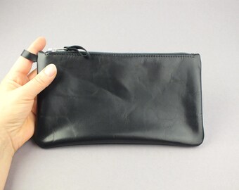 Clutch de piel auténtica negro con cremallera - Bolso pequeño - Bolso práctico para guardar cosas - Regalo para ella - Regalo para él