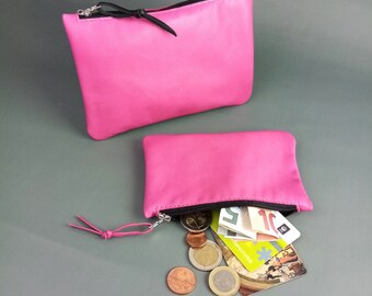 Sac à main en cuir Nappa rose/rose/petit sac d’argent pratique/porte-monnaie/portefeuille pour pièces de monnaie avec fermeture éclair/sac indésirable/cadeau