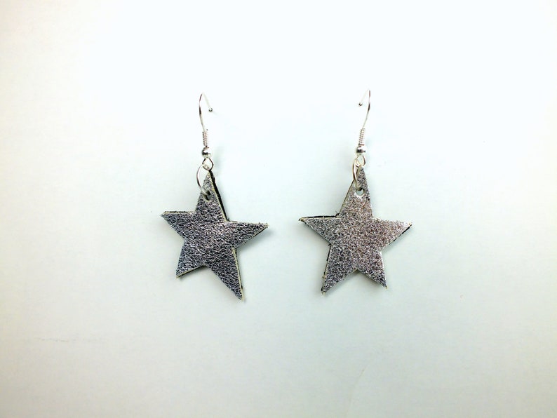 Real leather star earrings silver gift metallic leather pendant earrings upcycled handmade