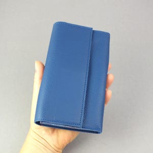 Cartera única de piel auténtica azul con rojo, cartera grande con compartimento para monedas, cartera suave con cremallera, regalo para mujer