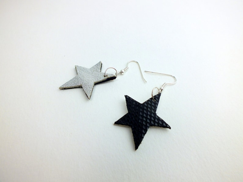Real leather star earrings silver gift metallic leather pendant earrings upcycled handmade