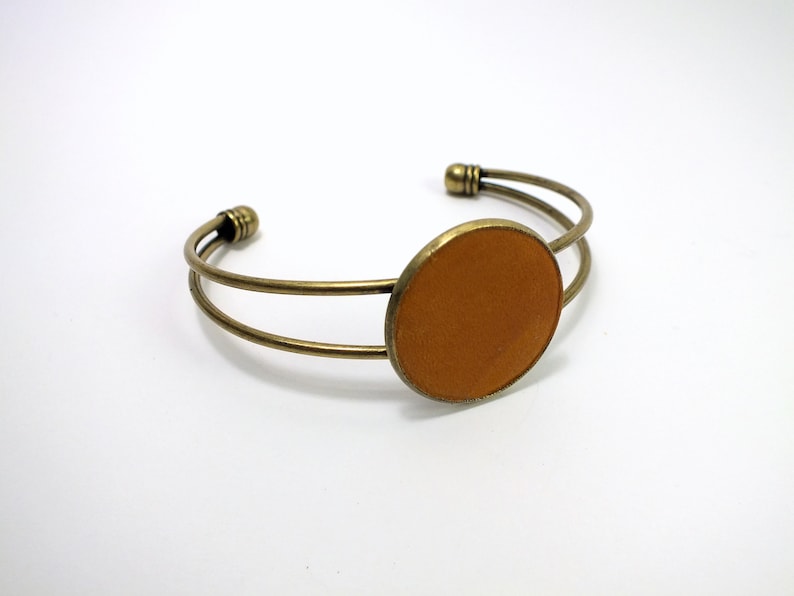 Metal bangle with genuine leather jewelry piece in cognac cuff gift for women upcycled jewelry