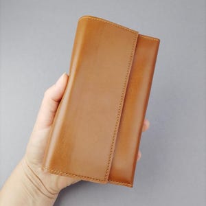 Cartera grande de piel auténtica color marrón coñac, monedero, compartimento, regalo para mujer, regalo para hombre