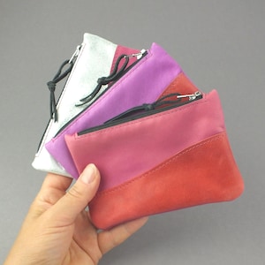 Echtleder Geldbeutel Damen Silber Violett - kleine  Kramtasche - Münzgeldbörse mit Reißverschluss - Geschenk für sie