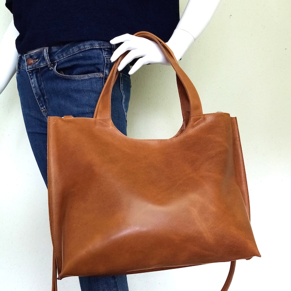 Leather bag cognac brown, genuine leather shoulder bag, crossbody bag, handbag, shopper bag, gift for women