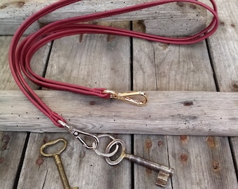 long lanyard genuine leather with carabiner berry red/lanyard key ring/pendant for keys/ID card/gift for girlfriend