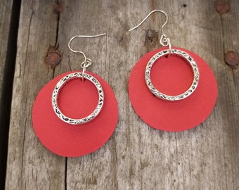 large genuine leather earrings silver/ black/ red/ gold, round hanging earrings for women, gift for girlfriend/ sister/ aunt/ mother