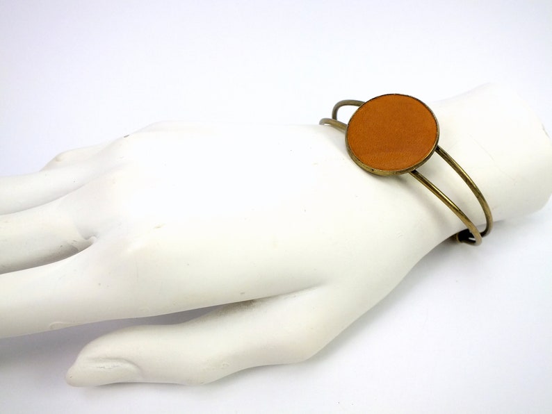 Metal bangle with genuine leather jewelry piece in cognac cuff gift for women upcycled jewelry