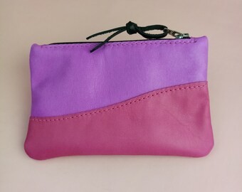 Real leather wallet in berry tones/small money bag/wallet for coins with zipper/junk bag/gift for girlfriend, mother