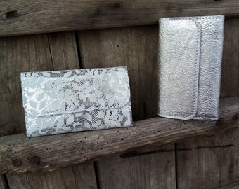 Cartera de cuero real/plata metálica/bolso pequeño y práctico/monedas de monedero/billetera/estuche para tarjetas/regalo para novia