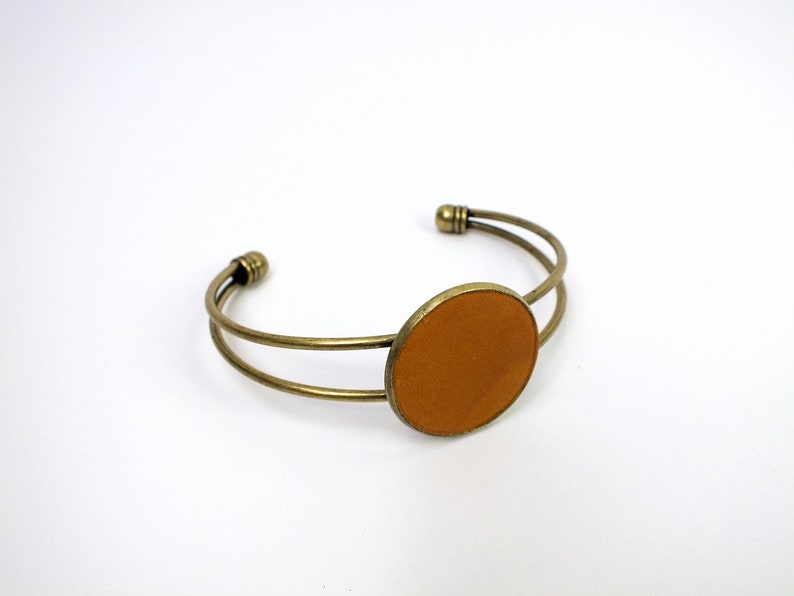 Metal bangle with genuine leather jewelry piece in cognac cuff gift for women upcycled jewelry