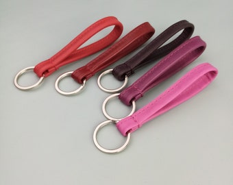 Real leather keychain red/berry tones/short lanyard with ring/minimalist loop strap/gift for girlfriend