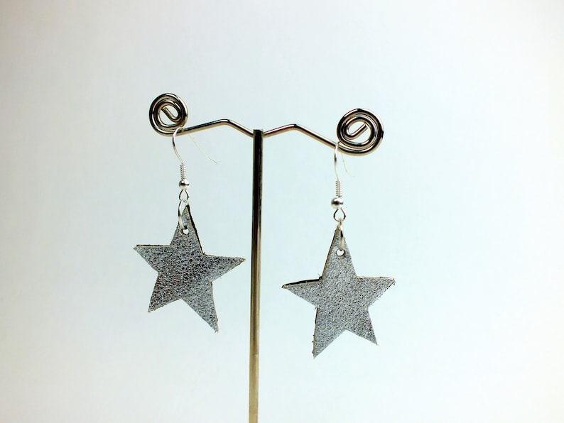Real leather star earrings silver gift metallic leather pendant earrings upcycled handmade