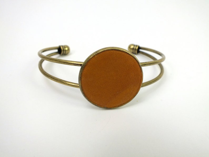 Metal bangle with genuine leather jewelry piece in cognac cuff gift for women upcycled jewelry
