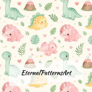 Pastel Dinosaur Seamless Pattern, Kawaii Nursery Fabric, Watercolor Dino Repeat Design
