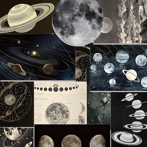 Pode incluir: Uma colagem de imagens com temática espacial apresentando vários planetas com anéis, superfícies lunares detalhadas, mapas celestes com linhas de grade e diagramas mostrando órbitas planetárias ao redor de um sol central em tons de cinza.