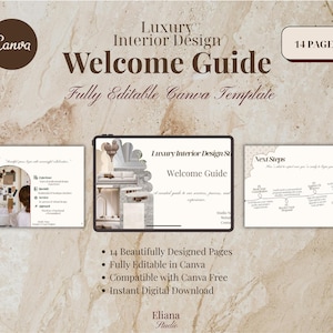 May include: A digital luxury interior design welcome guide template with 14 pages, fully editable in Canva. The display shows a tablet screen and two document pages featuring text, interior design imagery, and a beige marble-textured background.