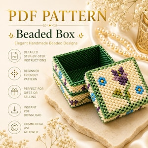 May include: A square beaded box featuring a cream-coloured base with a floral pattern of purple, blue, and green beads. The box has a matching lid and a dark green interior. Text on the image reads PDF PATTERN Beaded Box, Detailed step-by-step instructions, Beginner friendly pattern, Perfect for gifts or selling, Instant PDF download, and Commercial use allowed.