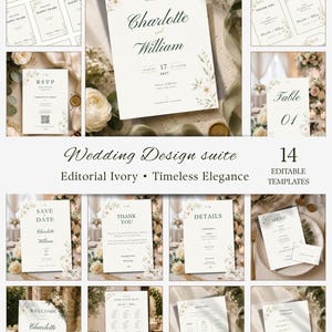 Pode incluir: Um conjunto de 14 modelos de papelaria de casamento editáveis em papel marfim com tipografia verde escura. O conjunto inclui convites, cartões RSVP, menus, placas de boas-vindas e notas de agradecimento, decorados com delicadas ilustrações florais.