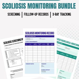 Puede incluir: Un paquete de seguimiento de escoliosis imprimible y editable que incluye tres documentos: un registro de detección, un registro de seguimiento y un formulario de seguimiento radiológico, todos con fondos blancos y detalles en azul o verde.