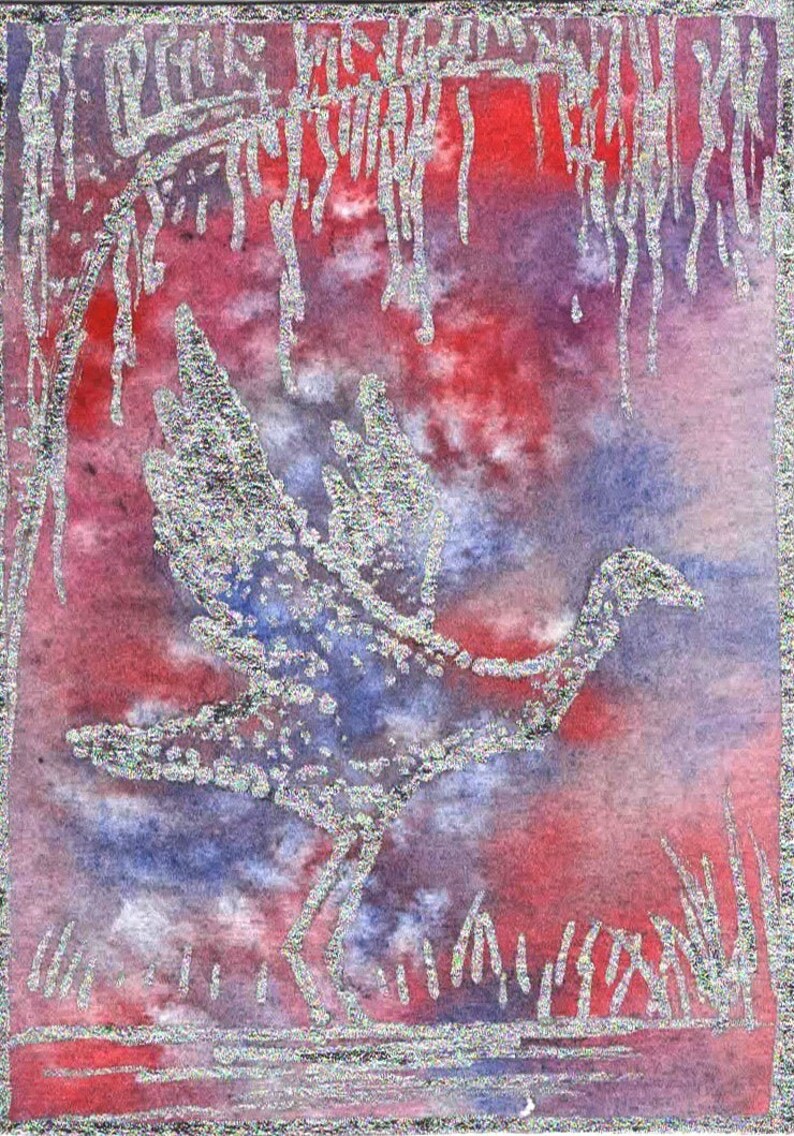 Original Watercolor ACEO Silver Crane ATC