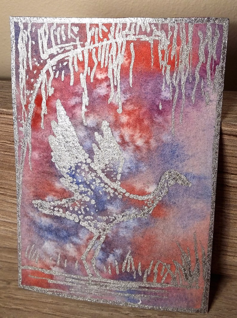 Original Watercolor ACEO Silver Crane ATC