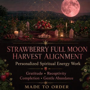 May include: A display featuring a bowl of fresh strawberries, pink crystal points, and lit candles under a large pink moon. Text reads: STRAWBERRY FULL MOON HARVEST ALIGNMENT, Personalized Spiritual Energy Work, Gratitude, Receptivity, Completion, Gentle Abundance, MADE TO ORDER.