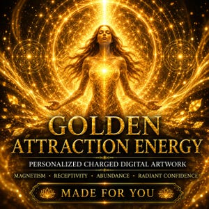 May include: Digital artwork featuring a glowing figure surrounded by golden light and geometric patterns. Text reads: GOLDEN ATTRACTION ENERGY, PERSONALIZED CHARGED DIGITAL ARTWORK, MAGNETISM, RECEPTIVITY, ABUNDANCE, RADIANT CONFIDENCE, MADE FOR YOU.