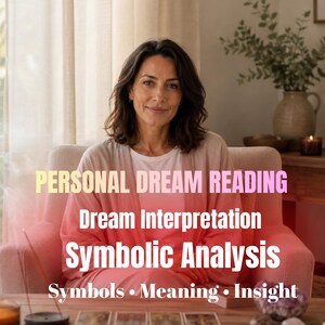 May include: A person with dark hair wearing a light pink cardigan and white shirt. Text overlay reads: PERSONAL DREAM READING, Dream Interpretation, Symbolic Analysis, Symbols • Meaning • Insight. The person is seated in a light-colored armchair.