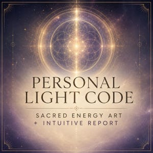 May include: A digital graphic featuring a glowing golden geometric pattern resembling a flower of life against a dark purple nebula background. The text reads PERSONAL LIGHT CODE SACRED ENERGY ART + INTUITIVE REPORT in a serif font with thin lines.