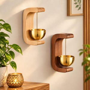 Può includere: Due porta incenso da parete con struttura in legno a forma di C in tonalità chiare e scure. Ogni supporto presenta una sottile asta metallica verticale che sospende una ciotola in metallo color oro lucido al centro della curva in legno.