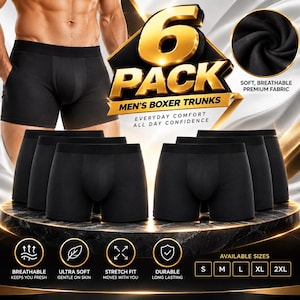 May include: A six-pack of black boxer trunks featuring a solid colour design with a wide elastic waistband. The set includes multiple pairs of underwear made from soft, breathable fabric, presented with text indicating a 6 pack and available sizes.