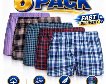6-Pack Men's Woven Plaid Boxer Shorts, Comfortable Button Fly Sleepwear (S-2XL)