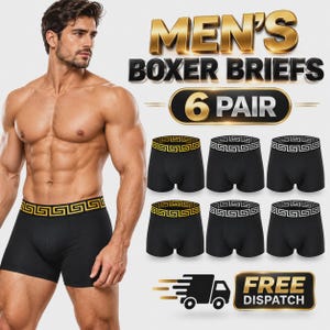 Op de afbeelding: Een set van zes zwarte boxershorts met elastische taillebanden met een goudkleurig of zilverkleurig Grieks patroon. De tekst op de afbeelding luidt MEN'S BOXER BRIEFS 6 PAIR en FREE DISPATCH.