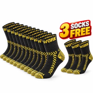 May include: A collection of black crew socks featuring the word WORK in yellow text at the top. The socks have a yellow chevron pattern along the sides and a yellow reinforced toe and heel. A graphic in the corner displays the text 3 SOCKS FREE.