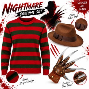 May include: A Nightmare costume set featuring a red and dark green horizontal striped long-sleeve sweater, a brown fedora hat with a matching band, and a brown glove with metallic claw attachments. The set includes text labels for sweater, hat, and claws.