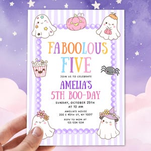May include: A rectangular invitation card with a light purple striped border and a pearl-like frame. It features cute illustrations of ghosts, a pumpkin, popcorn, and a spider. The text reads: FABOOLOUS FIVE, AMELIA'S 5TH BOO-DAY, SUNDAY, OCTOBER 25TH AT 10 AM, AMELIA'S HOUSE, 200 E 45TH ST, NY 10017, RSVP TO MOM AT 123 1234 1234.