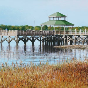 Fishing Pier on The Ashley River, Charleston, SC, Original Acrylic Painting on 28 x 24 Canvas.