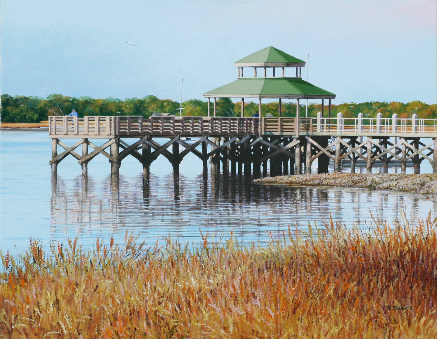 Fishing Pier on The Ashley River, Charleston, SC, Original Acrylic Painting  on 28 x 24 Canvas., image size:1440x1117